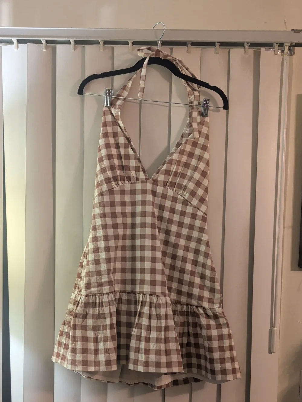 Free People Beige & Cream Gingham Halter Dress, L - Picture 2 of 8